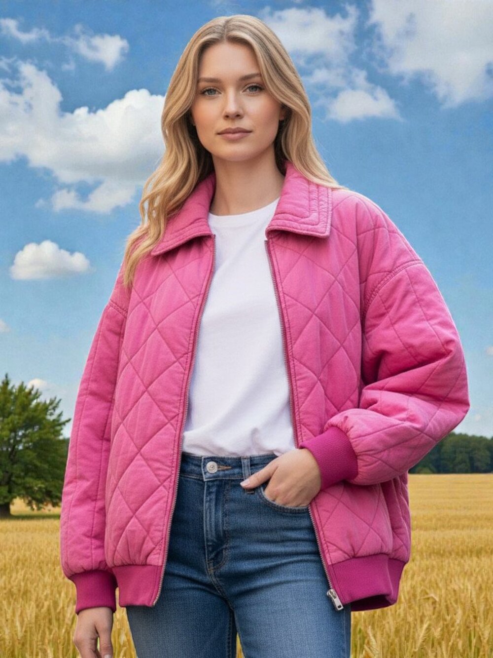 Wild Fable Pink Quilted Bomber Jacket Womens XL Diamond Shacket Zip Collared